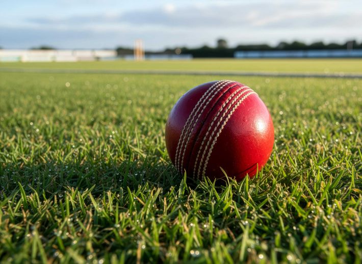 cricket ball on grass lawn pitch 